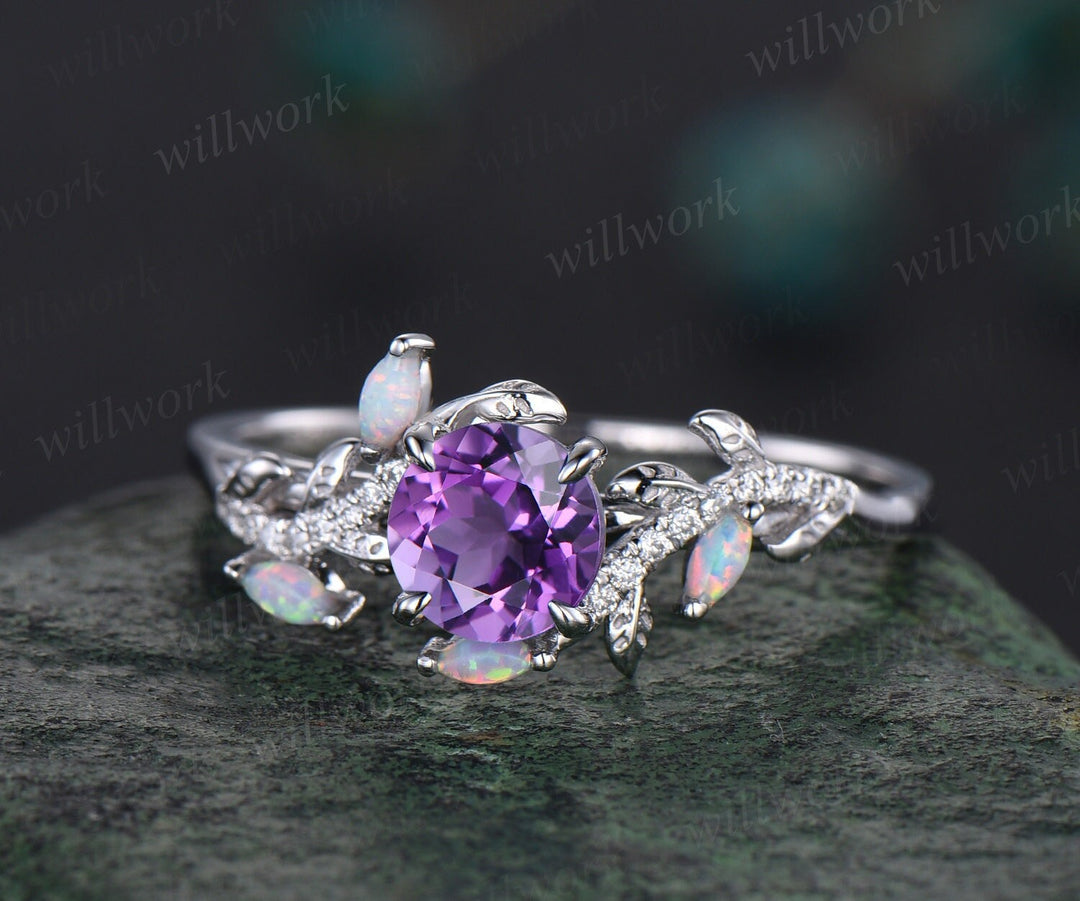 Vintage round amethyst engagement ring yellow gold leaf nature inspired branch half eternity diamond opal wedding anniversary ring women