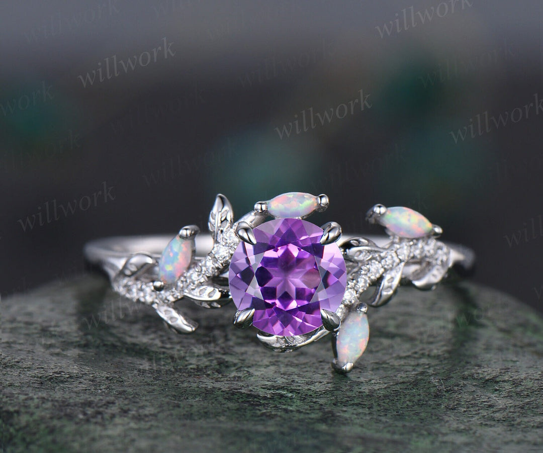 Vintage round amethyst engagement ring yellow gold leaf nature inspired branch half eternity diamond opal wedding anniversary ring women