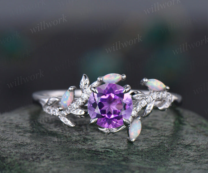 Vintage round amethyst engagement ring yellow gold leaf nature inspired branch half eternity diamond opal wedding anniversary ring women