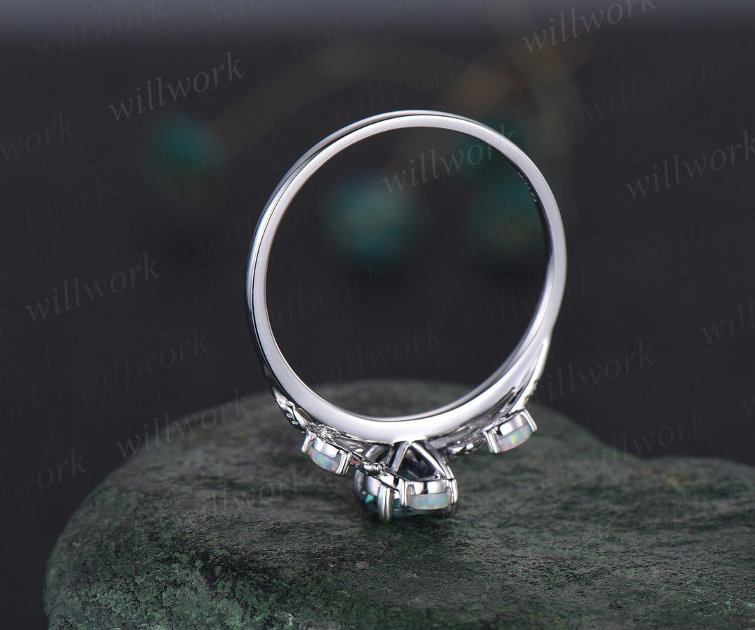 Vintage round emerald engagement ring yellow gold leaf nature inspired branch half eternity diamond ring opal wedding anniversary ring women