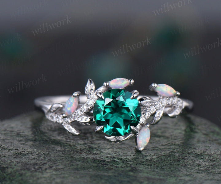 Vintage round emerald engagement ring yellow gold leaf nature inspired branch half eternity diamond ring opal wedding anniversary ring women