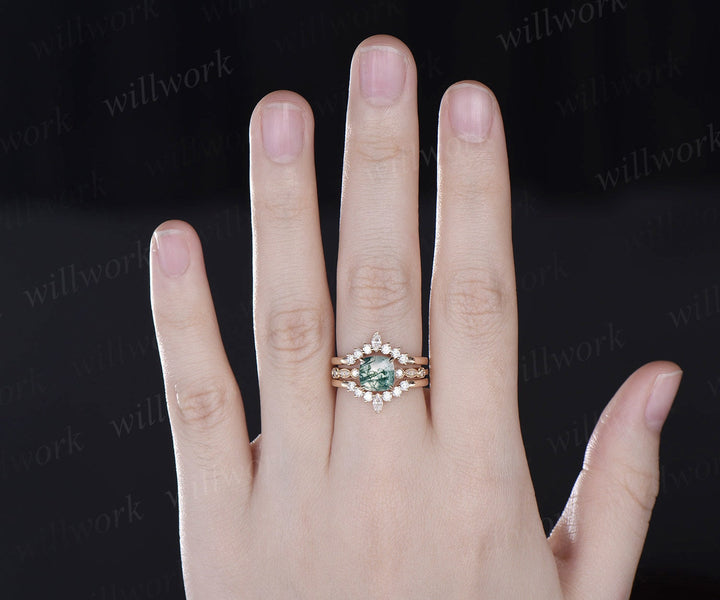 Cushion cut moss agate ring gold vintage green moss agate engagement ring yellow gold art deco unique moissanite wedding promise ring set
