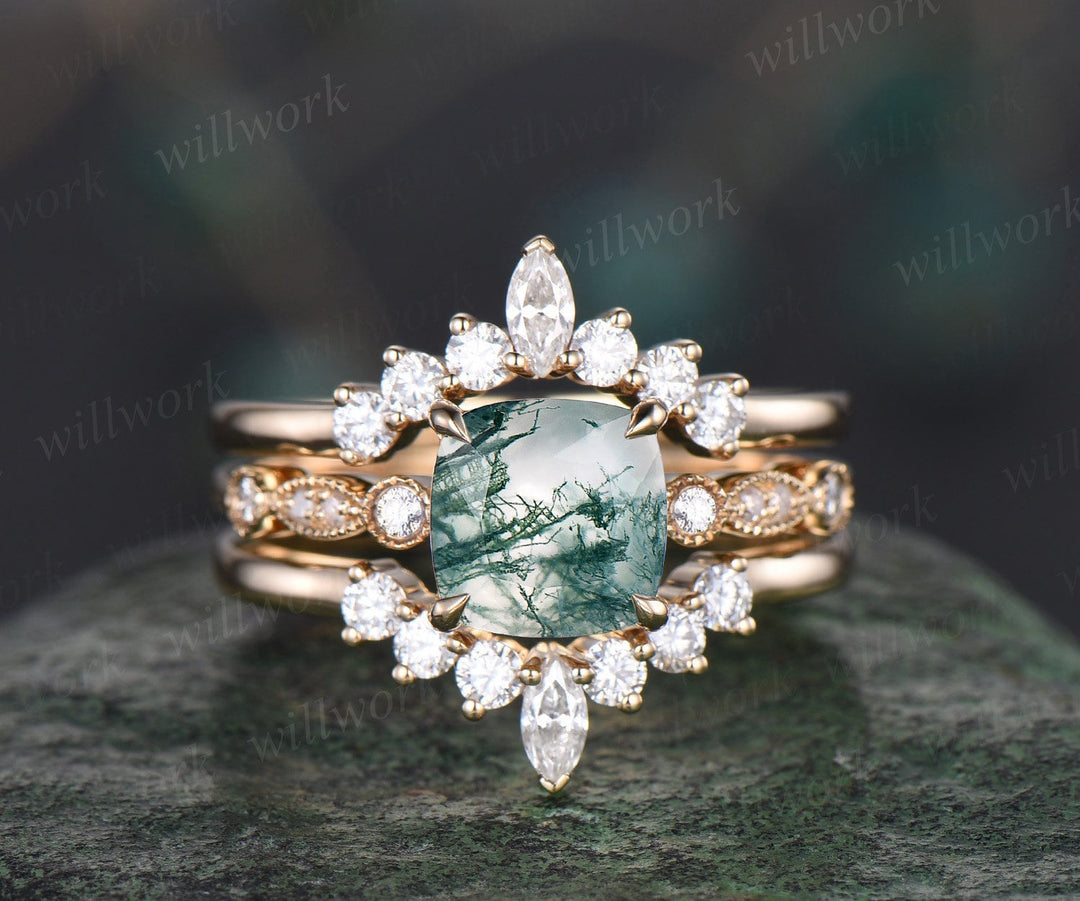 Cushion cut moss agate ring gold vintage green moss agate engagement ring yellow gold art deco unique moissanite wedding promise ring set