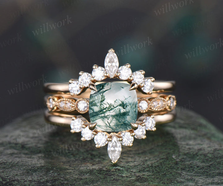 Cushion cut moss agate ring gold vintage green moss agate engagement ring yellow gold art deco unique moissanite wedding promise ring set
