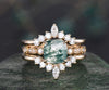 Cushion cut moss agate ring gold vintage green moss agate engagement ring yellow gold art deco unique moissanite wedding promise ring set