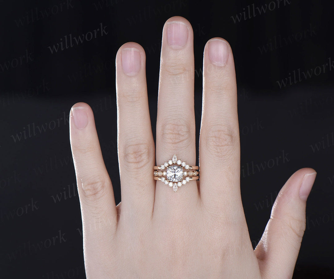Cushion cut Moissanite ring gold vintage engagement ring yellow gold art deco unique moissanite wedding promise ring set