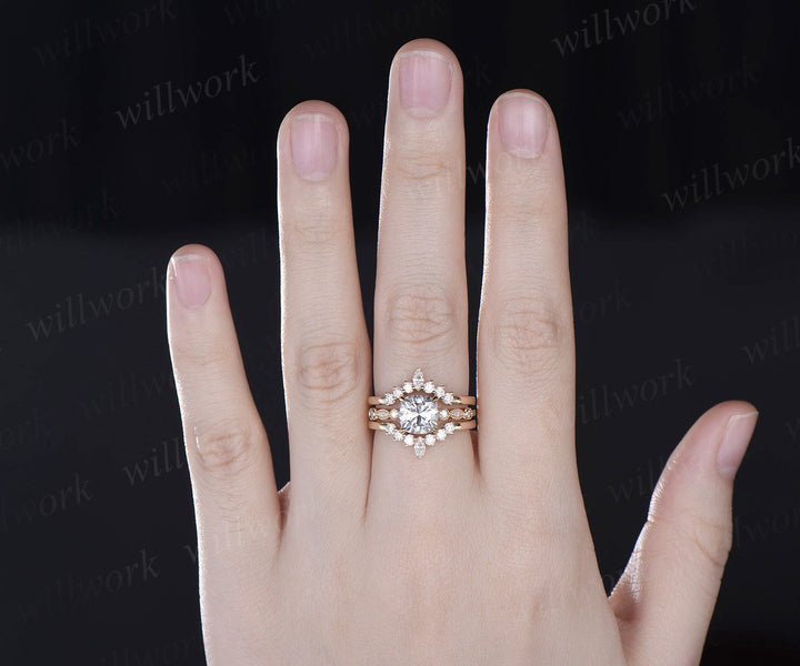 Cushion cut Moissanite ring gold vintage engagement ring yellow gold art deco unique moissanite wedding promise ring set