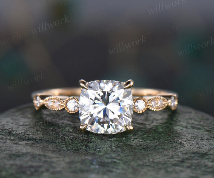 Cushion cut Moissanite ring gold vintage engagement ring yellow gold art deco unique moissanite wedding promise ring set