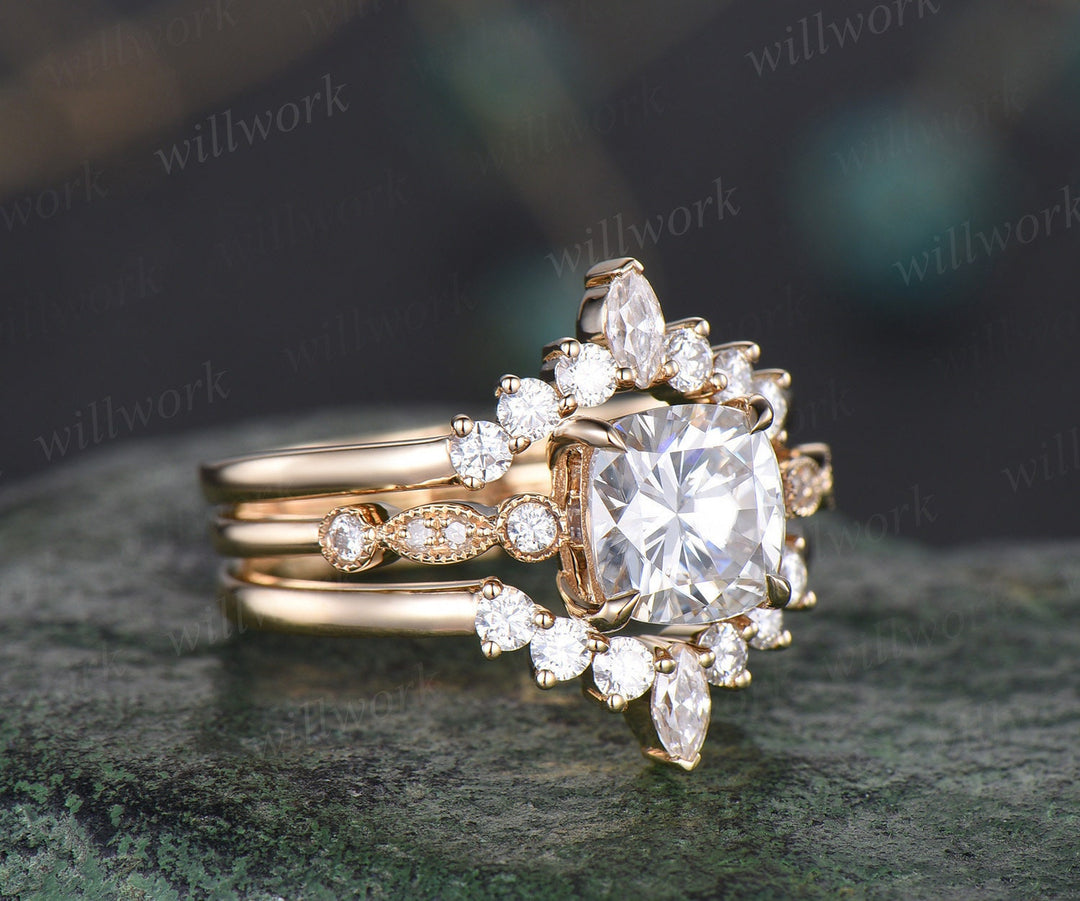 Cushion cut Moissanite ring gold vintage engagement ring yellow gold art deco unique moissanite wedding promise ring set