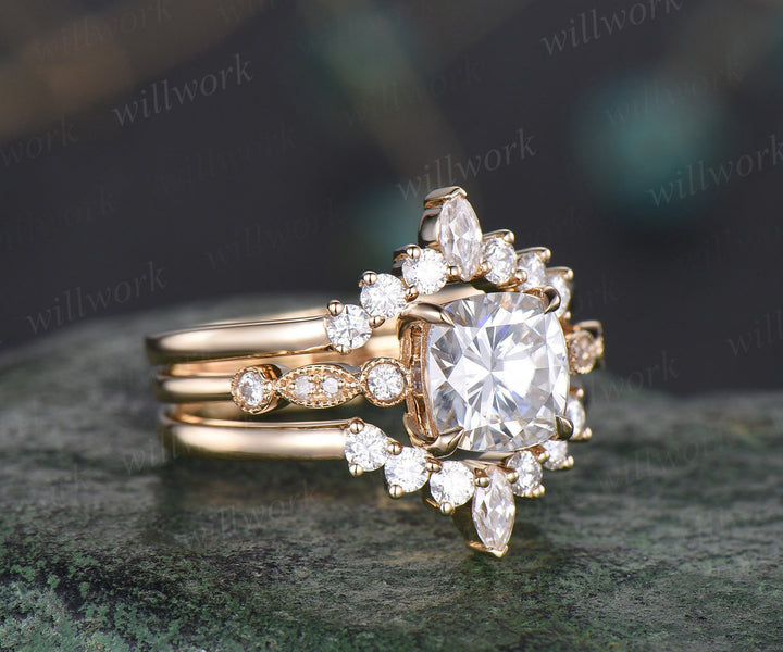 Cushion cut Moissanite ring gold vintage engagement ring yellow gold art deco unique moissanite wedding promise ring set