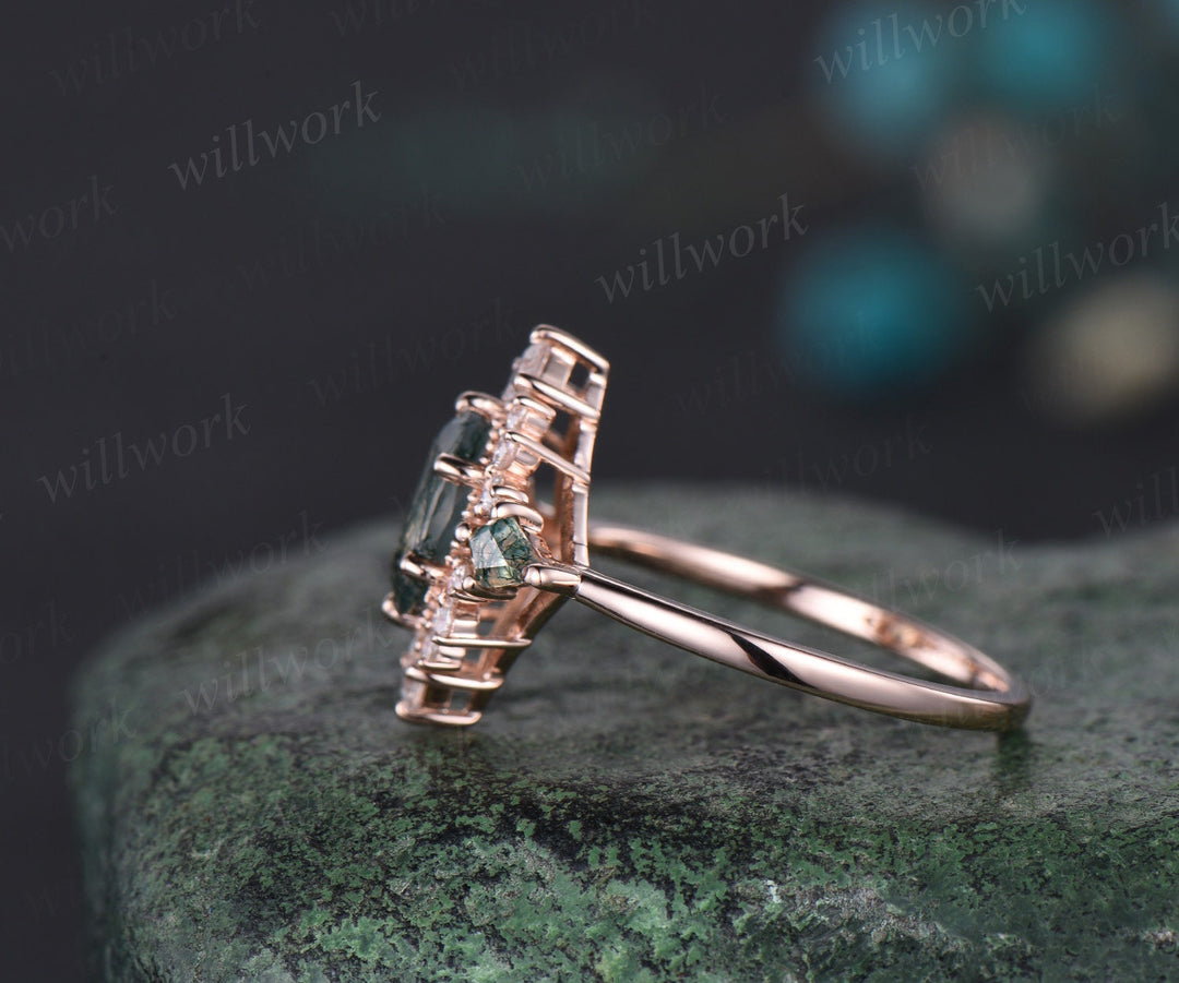 Oval natural moss agate ring vintage halo kite princess engagement ring set solid 14k white gold unique bridal set women jewelry