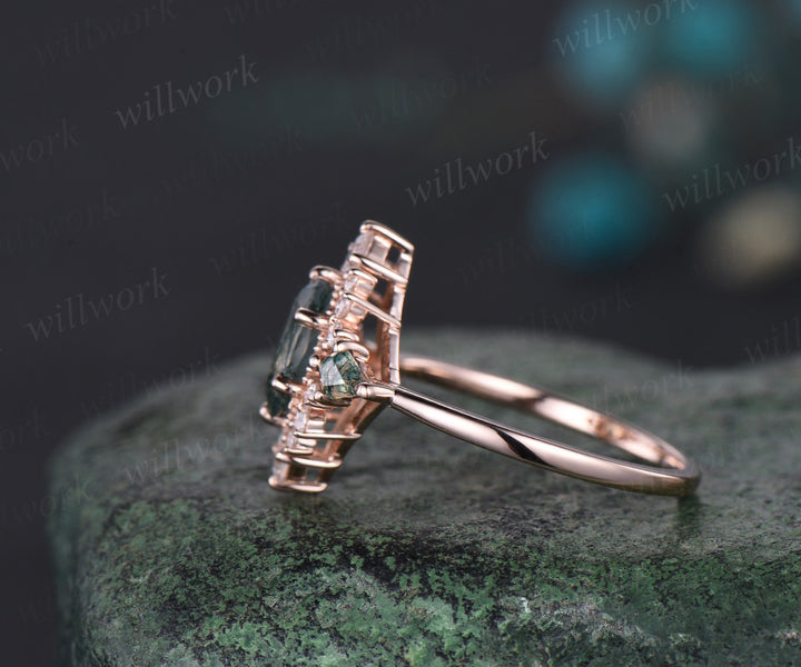 Oval natural moss agate ring vintage halo kite princess engagement ring set solid 14k white gold unique bridal set women jewelry