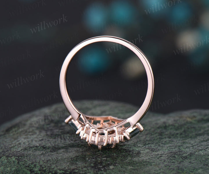 Oval natural moss agate ring vintage halo kite princess engagement ring set solid 14k white gold unique bridal set women jewelry