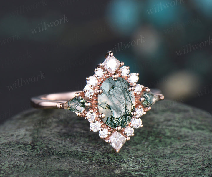 Oval natural moss agate ring vintage halo kite princess engagement ring set solid 14k white gold unique bridal set women jewelry