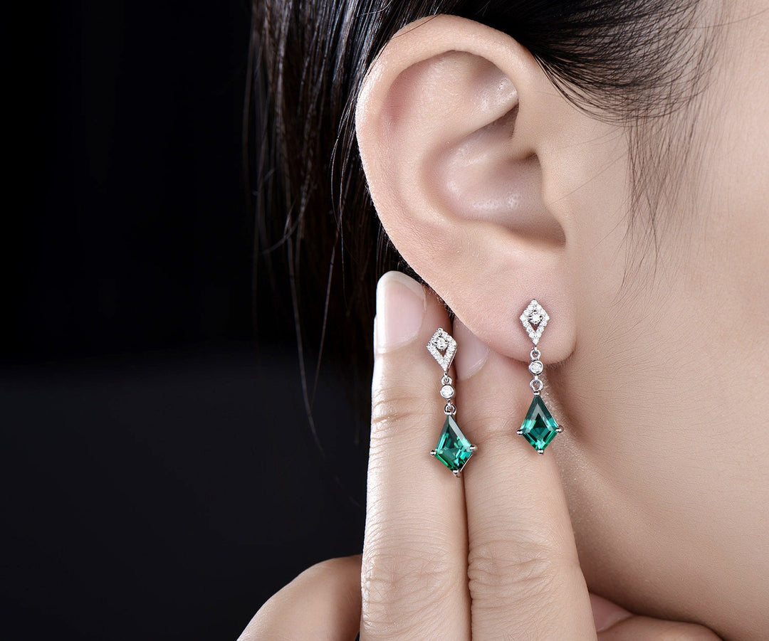 Vintage kite cut green emerald earrings solid 14k yellow gold halo diamond drop earrings women May birthstone dainty anniversary gift her