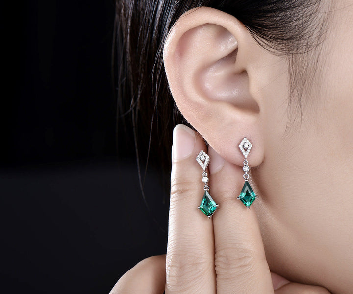 Vintage kite cut green emerald earrings solid 14k yellow gold halo diamond drop earrings women May birthstone dainty anniversary gift her