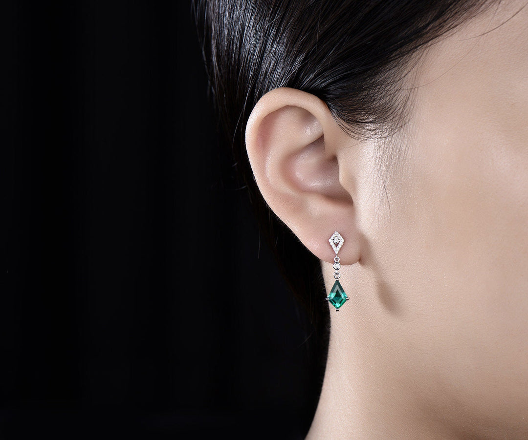 Vintage kite cut green emerald earrings solid 14k yellow gold halo diamond drop earrings women May birthstone dainty anniversary gift her