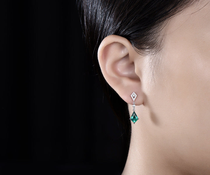 Vintage kite cut green emerald earrings solid 14k yellow gold halo diamond drop earrings women May birthstone dainty anniversary gift her