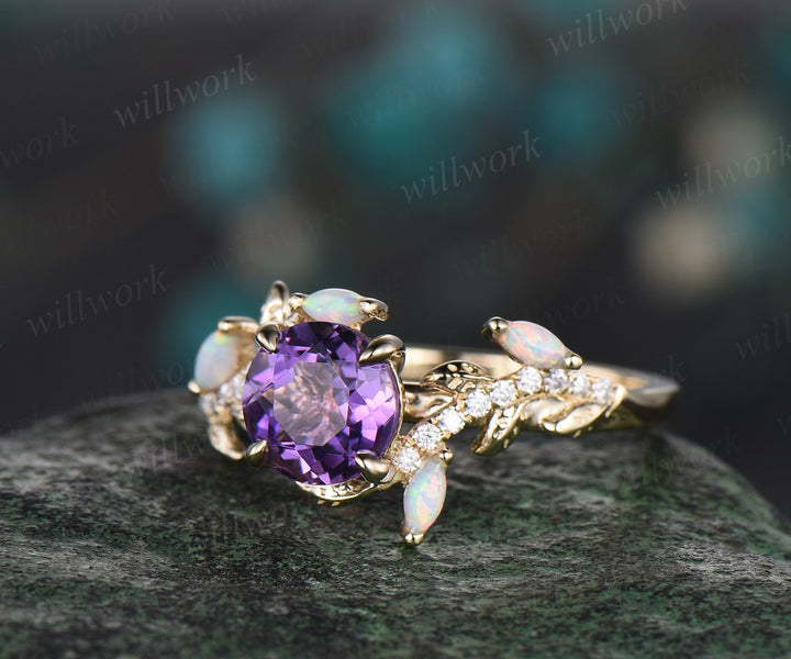 Vintage round amethyst engagement ring yellow gold leaf nature inspired branch half eternity diamond opal wedding anniversary ring women