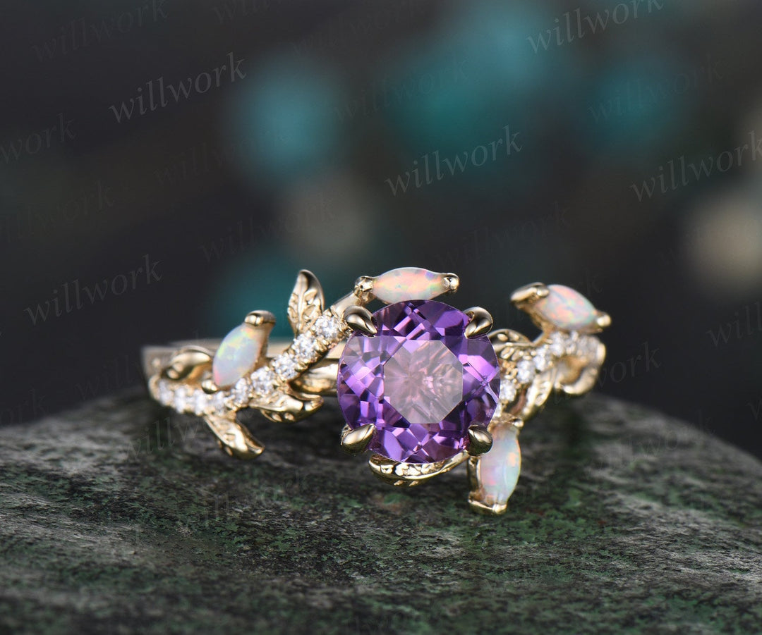Vintage round amethyst engagement ring yellow gold leaf nature inspired branch half eternity diamond opal wedding anniversary ring women