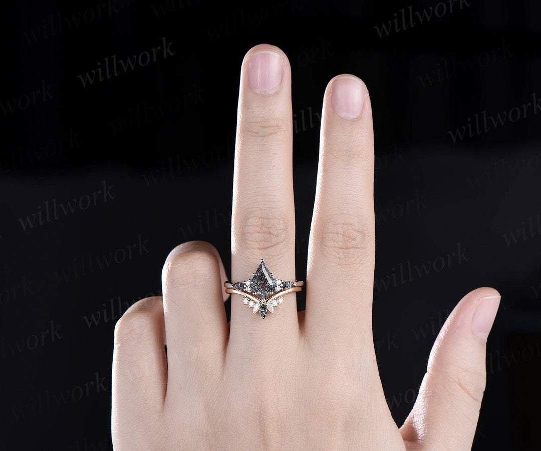 Kite cut black rutilated quartz ring white gold vintage unique engagement ring women Personalized diamond anniversary bridal ring set