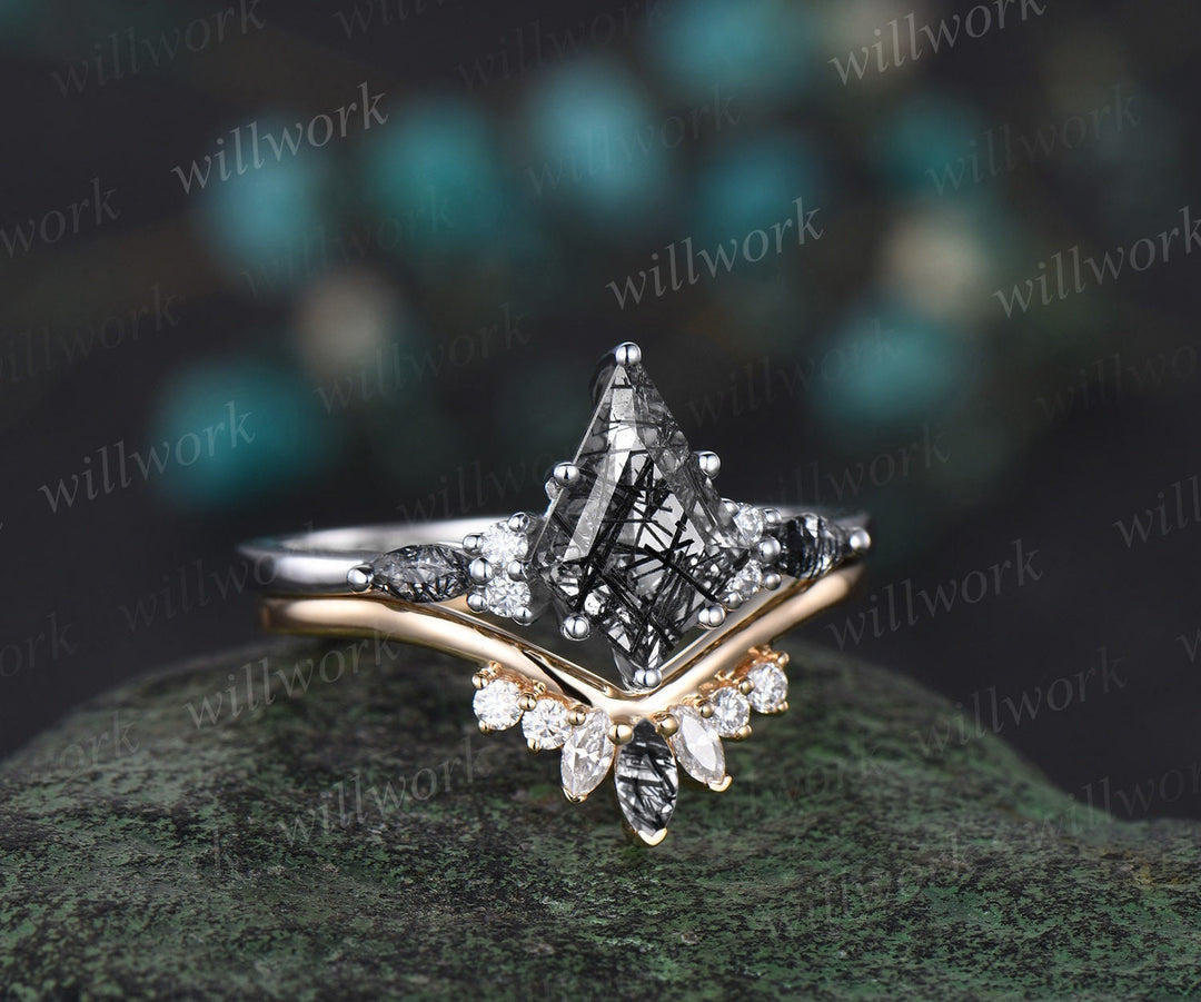 Kite cut black rutilated quartz ring white gold vintage unique engagement ring women Personalized diamond anniversary bridal ring set