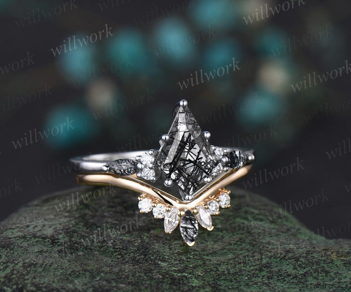 Kite cut black rutilated quartz ring white gold vintage unique engagement ring women Personalized diamond anniversary bridal ring set