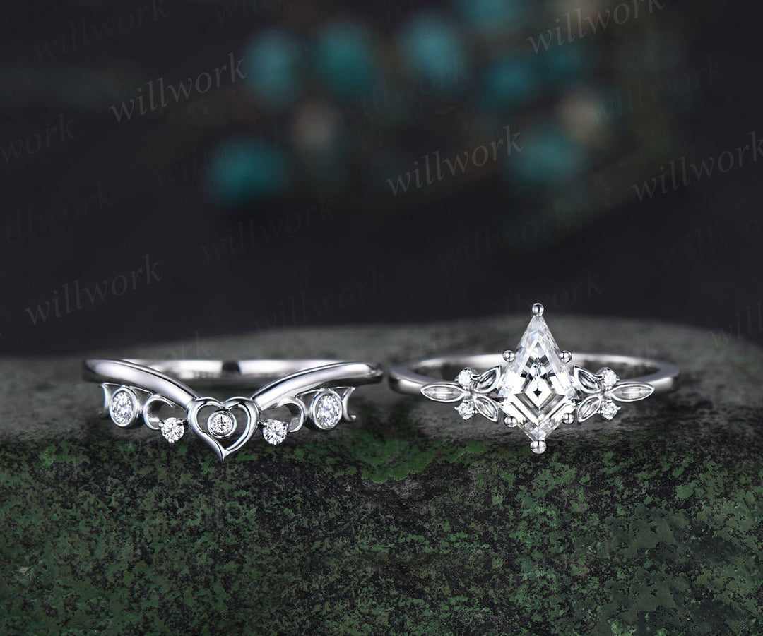 6 prong kite cut moissanite engagement ring solid 14k white gold leaf heart moon bezel diamond women unique bridal wedding ring set gift