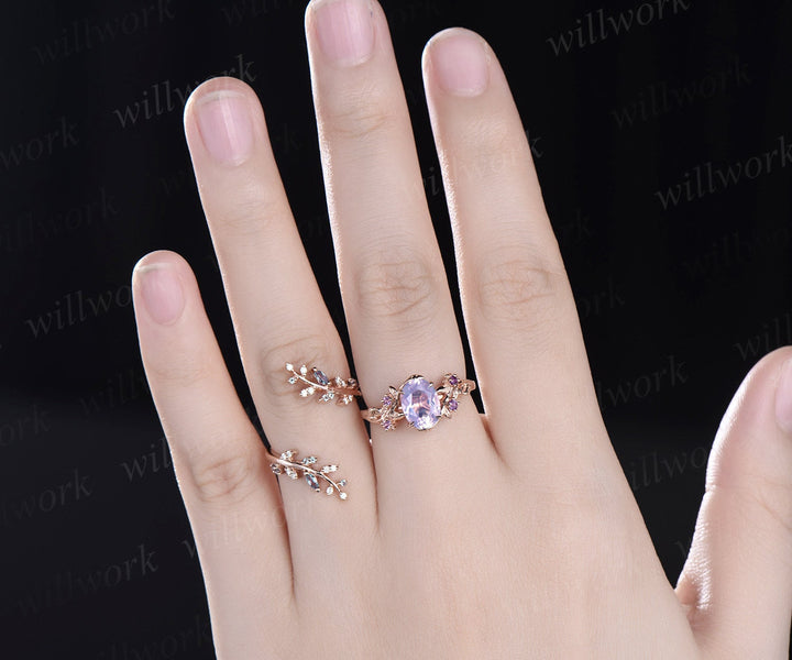 Vintage oval Lavender Amethyst engagement ring nature inspired leaf alexandrite ring rose gold wedding band enhancer bridal ring set women