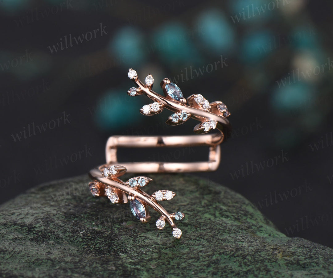 Vintage oval Lavender Amethyst engagement ring nature inspired leaf alexandrite ring rose gold wedding band enhancer bridal ring set women