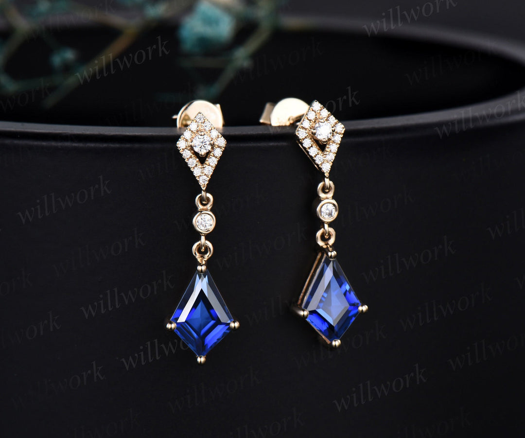 Vintage kite cut blue sapphire earrings solid 14k yellow gold halo diamond drop earrings women July birthstone dainty anniversary gift her