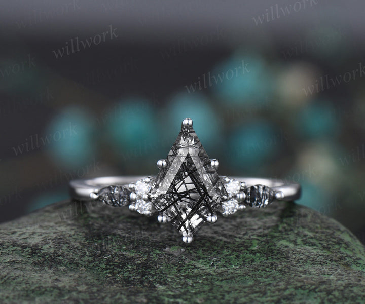 Kite cut black rutilated quartz ring white gold vintage unique engagement ring women Personalized diamond anniversary bridal ring set
