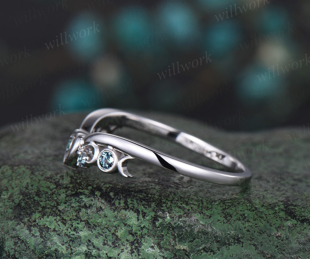 Heart moon bezel alexandrite wedding band solid 14k white gold vintage stacking wedding ring women unique anniversary bridal ring gift