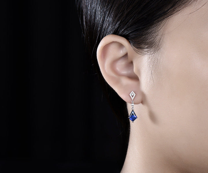 Vintage kite cut blue sapphire earrings solid 14k yellow gold halo diamond drop earrings women July birthstone dainty anniversary gift her