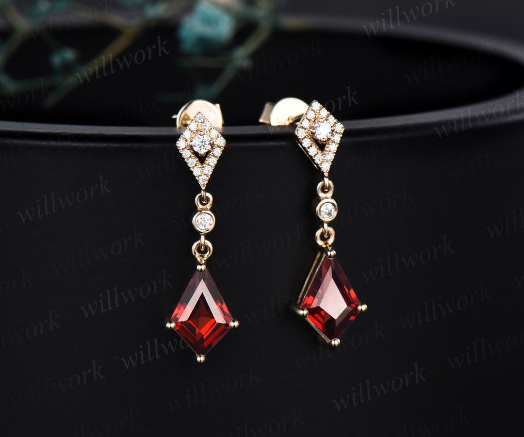 Vintage kite cut red garnet earrings solid 14k yellow gold halo diamond drop earrings women January birthstone dainty anniversary gift her