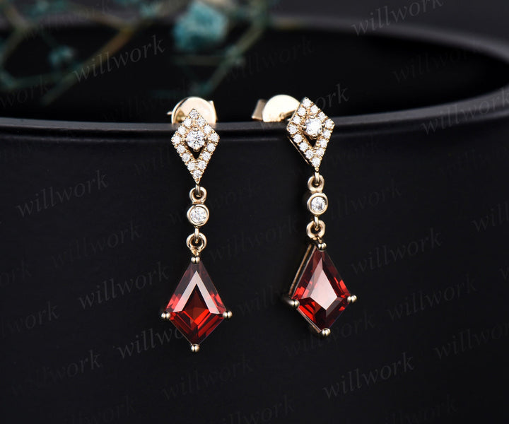 Vintage kite cut red garnet earrings solid 14k yellow gold halo diamond drop earrings women January birthstone dainty anniversary gift her