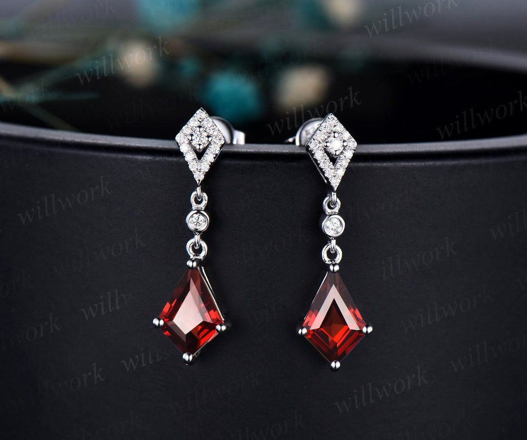 Vintage kite cut red garnet earrings solid 14k yellow gold halo diamond drop earrings women January birthstone dainty anniversary gift her