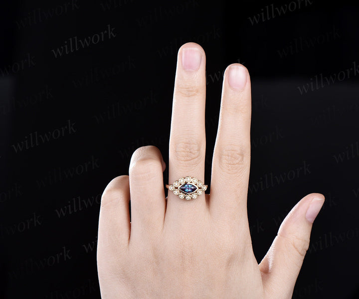 East to west Bezel marquise cut alexandrite engagement ring solid 14k yellow gold antique eye halo diamond promise anniversary ring women
