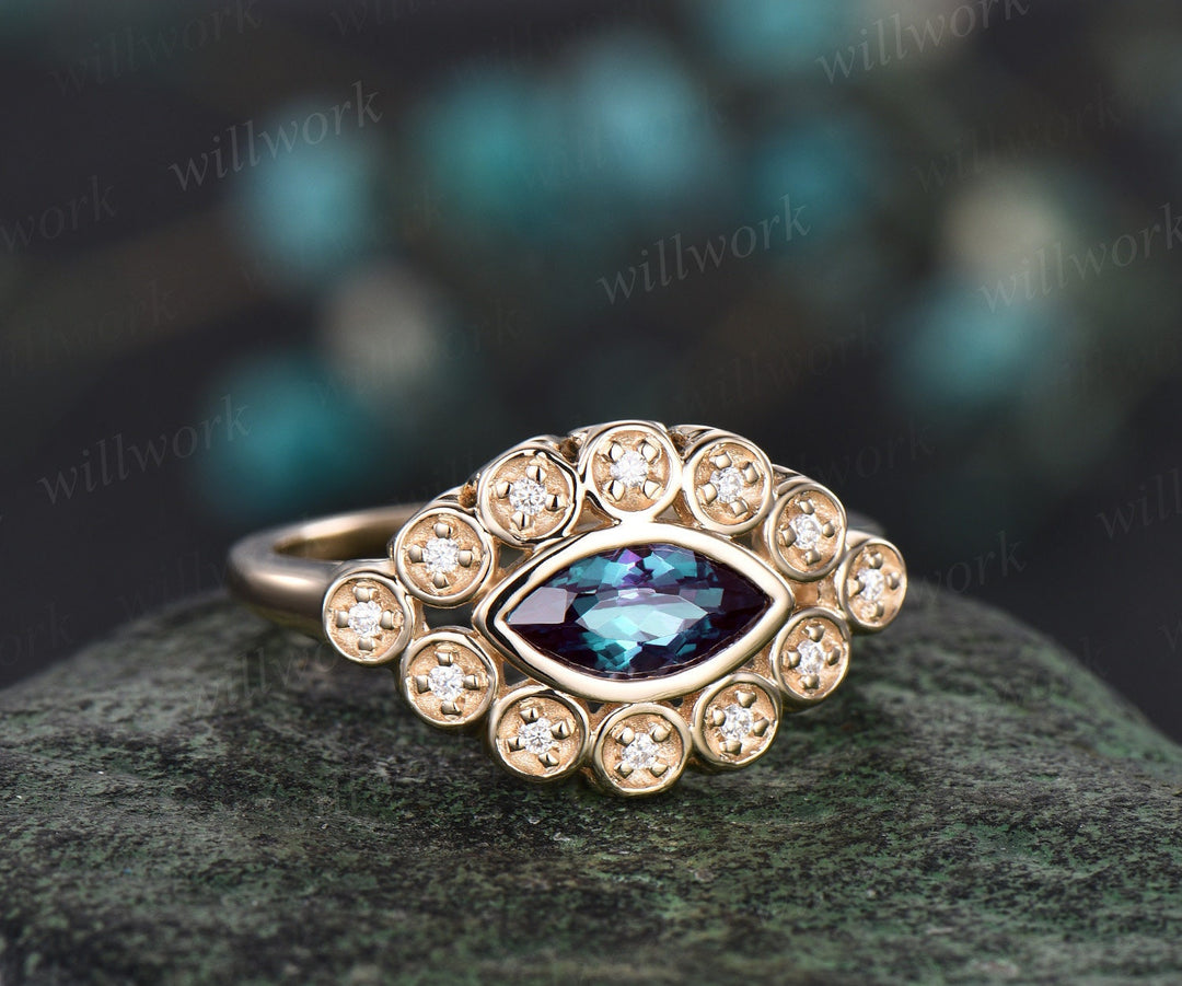 East to west Bezel marquise cut alexandrite engagement ring solid 14k yellow gold antique eye halo diamond promise anniversary ring women