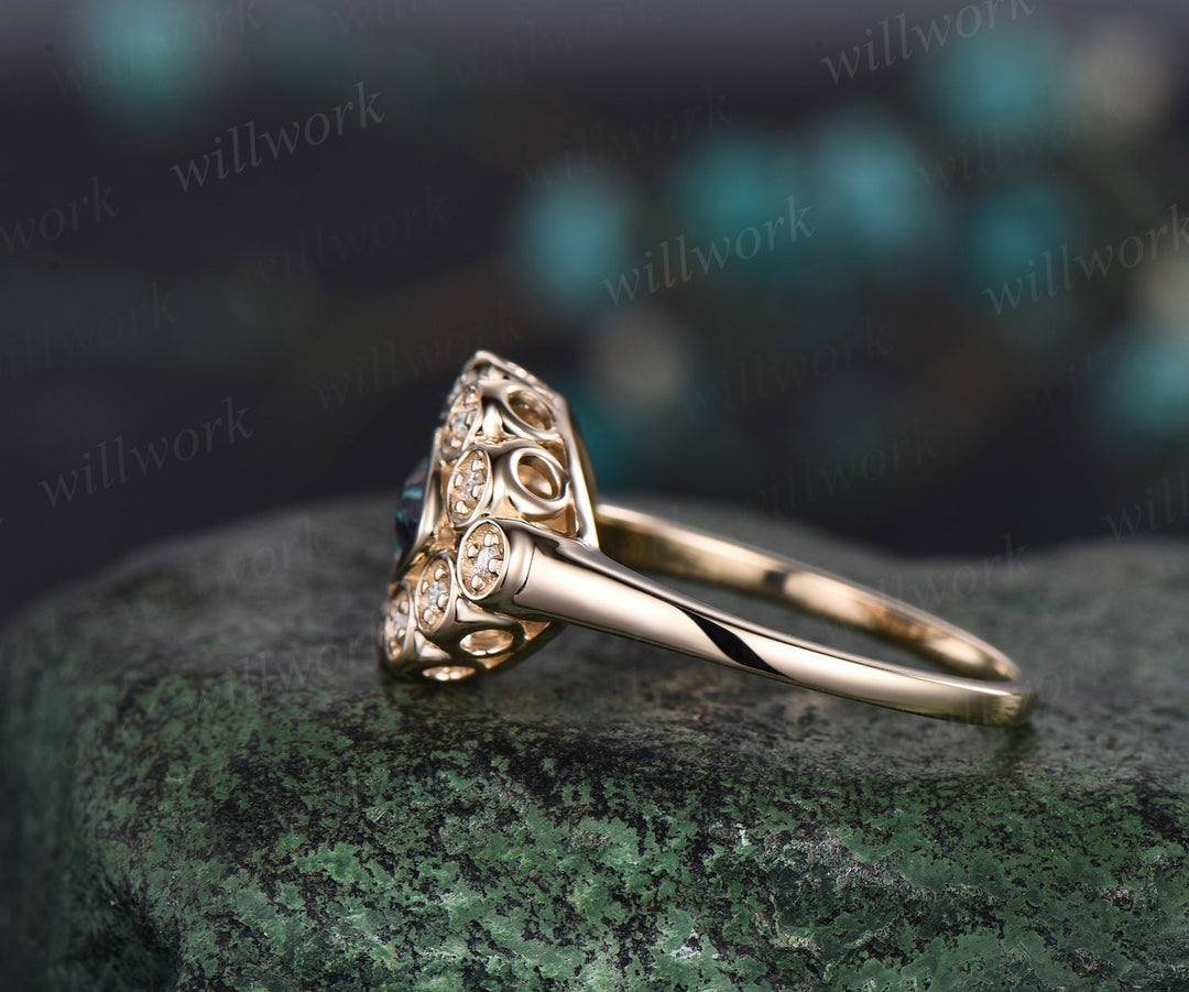 East to west Bezel marquise cut alexandrite engagement ring solid 14k yellow gold antique eye halo diamond promise anniversary ring women