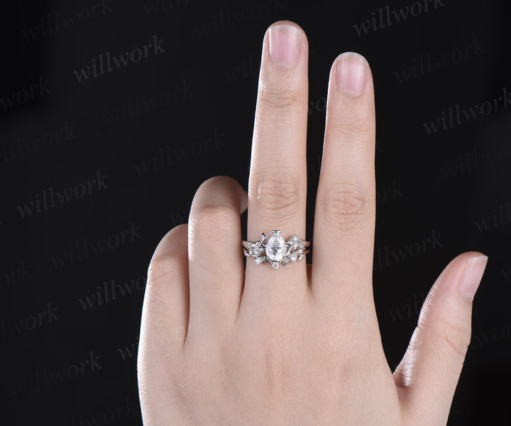 Leaf Pear shaped moissanite engagement ring set solid 14k white gold three stone diamond art deco ring women unique wedding ring set