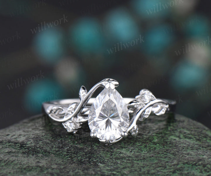 Leaf Pear shaped moissanite engagement ring set solid 14k white gold three stone diamond art deco ring women unique wedding ring set