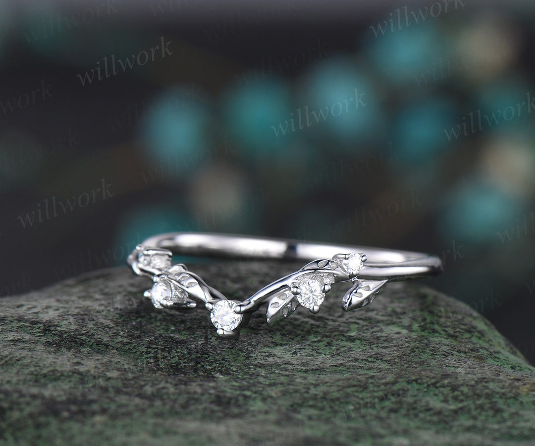 Five stone leaf diamond wedding band solid 14k white gold stacking matching bridal anniversary ring gift