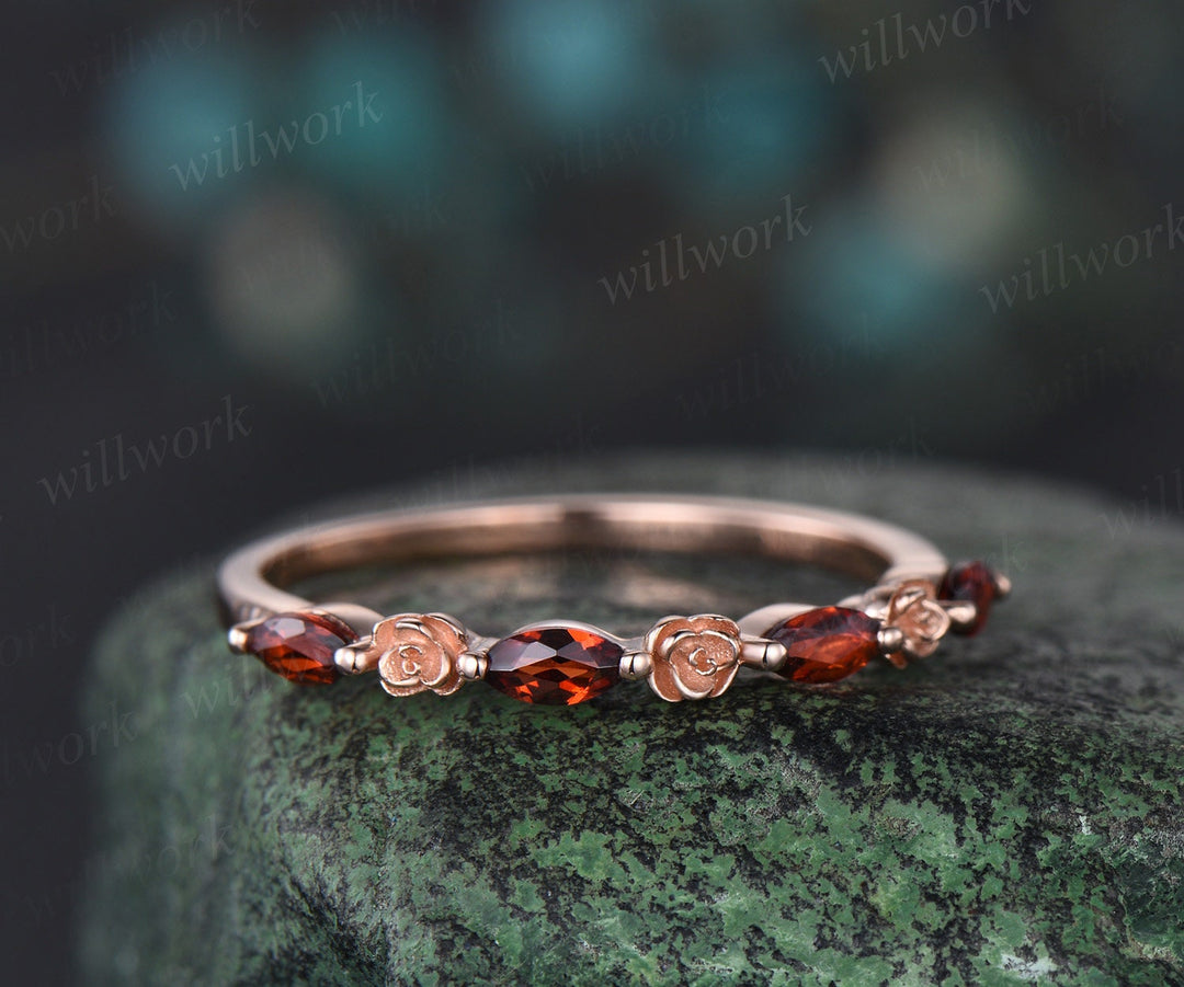 Flower marquise cut red garnet wedding band solid 14k rose gold half eternity stacking wedding ring art deco bridal anniversary ring gift