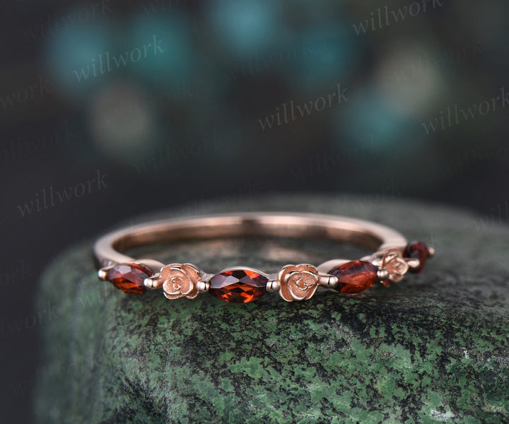 Flower marquise cut red garnet wedding band solid 14k rose gold half eternity stacking wedding ring art deco bridal anniversary ring gift