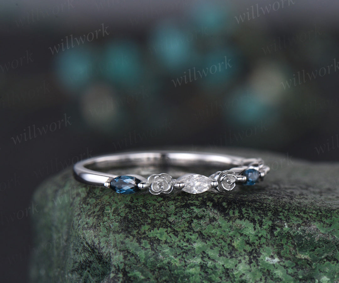Flower marquise cut London blue topaz moissanite wedding band solid 14k white gold half eternity stacking bridal  anniversary ring gift