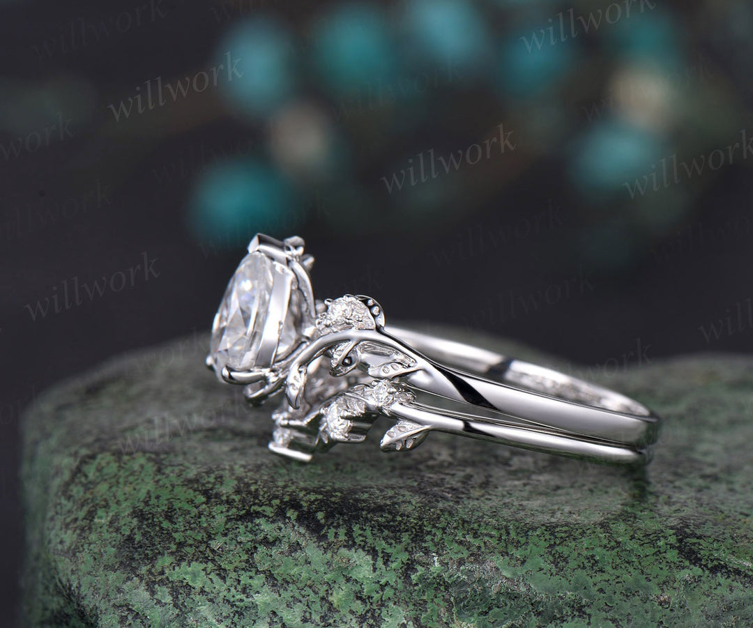Leaf Pear shaped moissanite engagement ring set solid 14k white gold three stone diamond art deco ring women unique wedding ring set