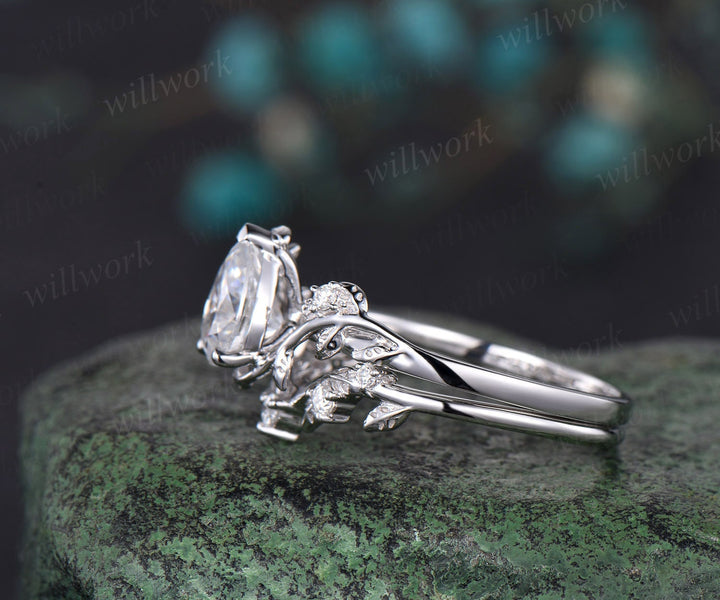Leaf Pear shaped moissanite engagement ring set solid 14k white gold three stone diamond art deco ring women unique wedding ring set