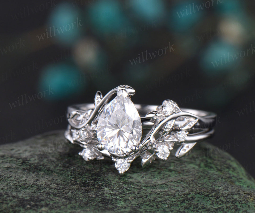 Leaf Pear shaped moissanite engagement ring set solid 14k white gold three stone diamond art deco ring women unique wedding ring set