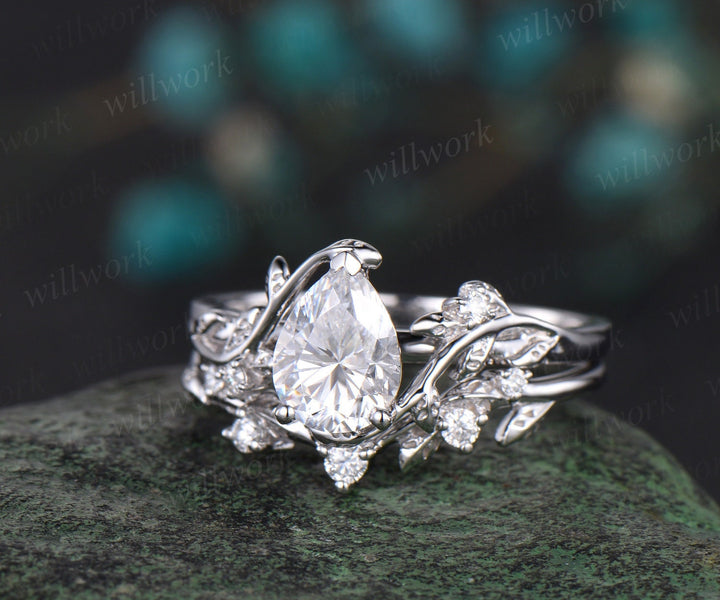 Leaf Pear shaped moissanite engagement ring set solid 14k white gold three stone diamond art deco ring women unique wedding ring set